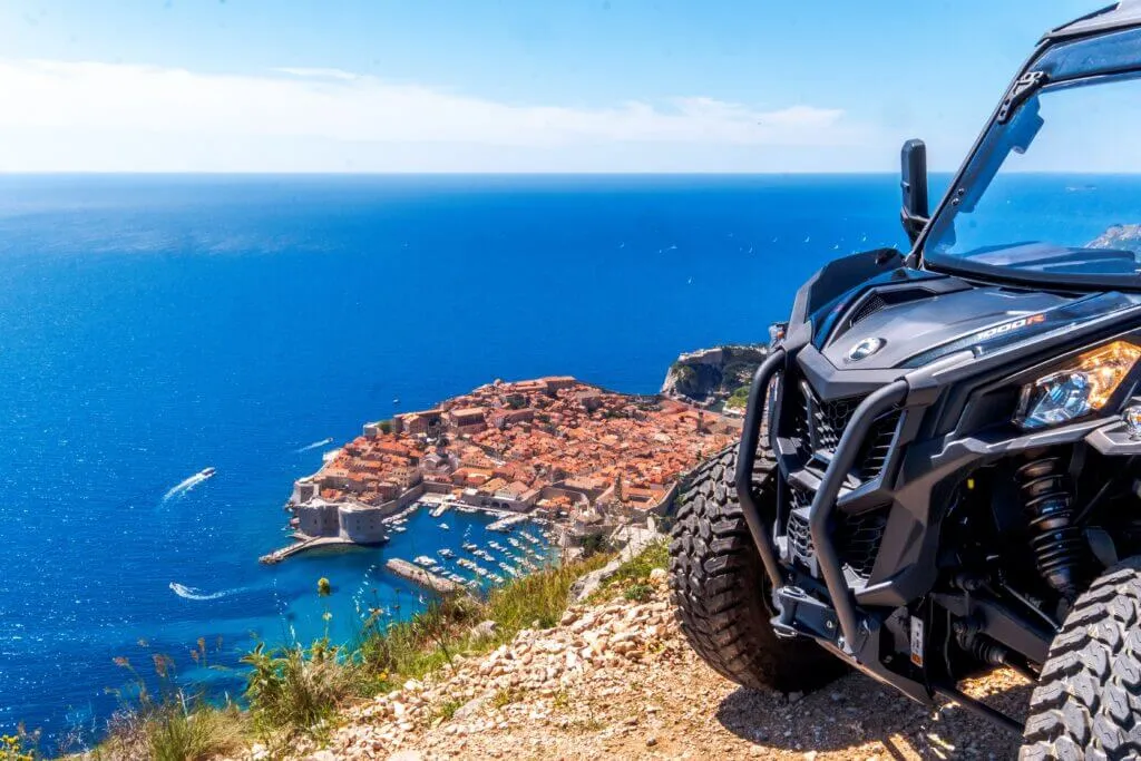 Private buggy chauffeur tour Dubrovnik — panoramic view of Old Town from Can-Am Maverick